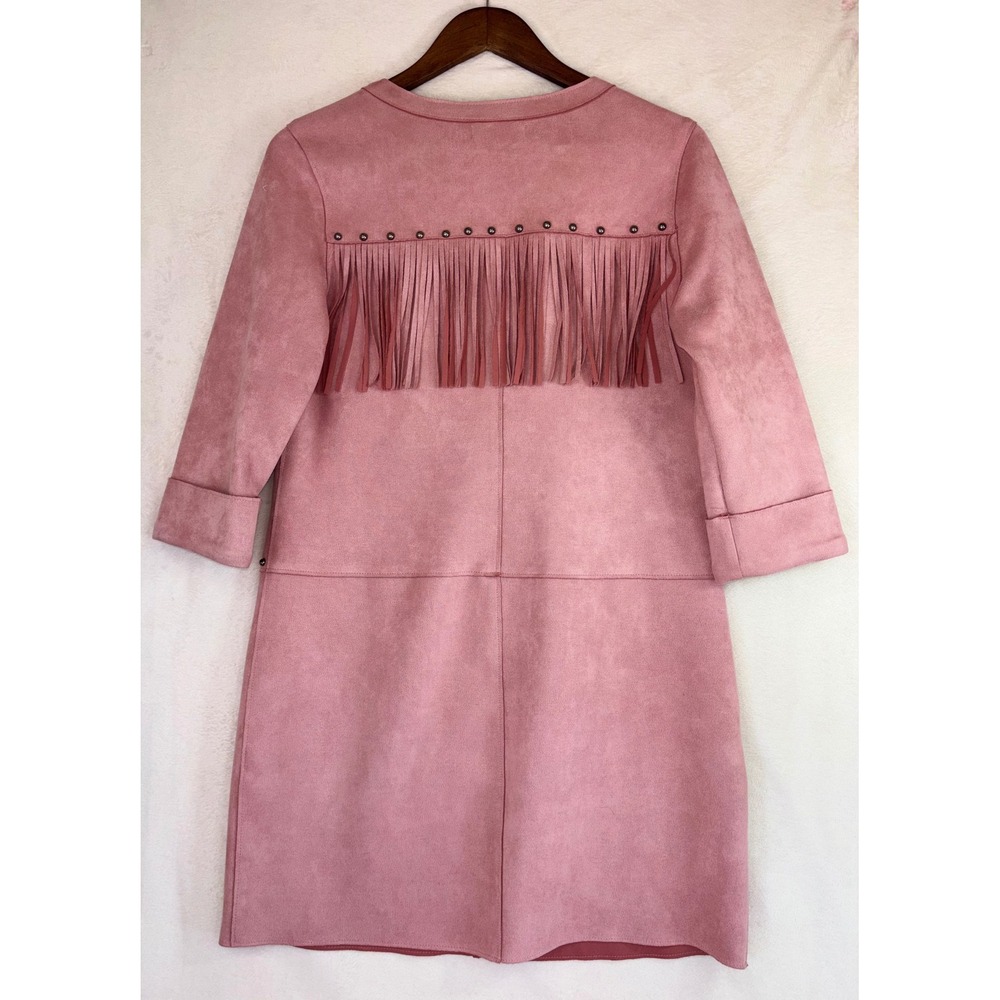 PINK FAUX SUEDE FRINGE DRESS Western Cowgirl Studded V-Neck‎ Mini Short Medium